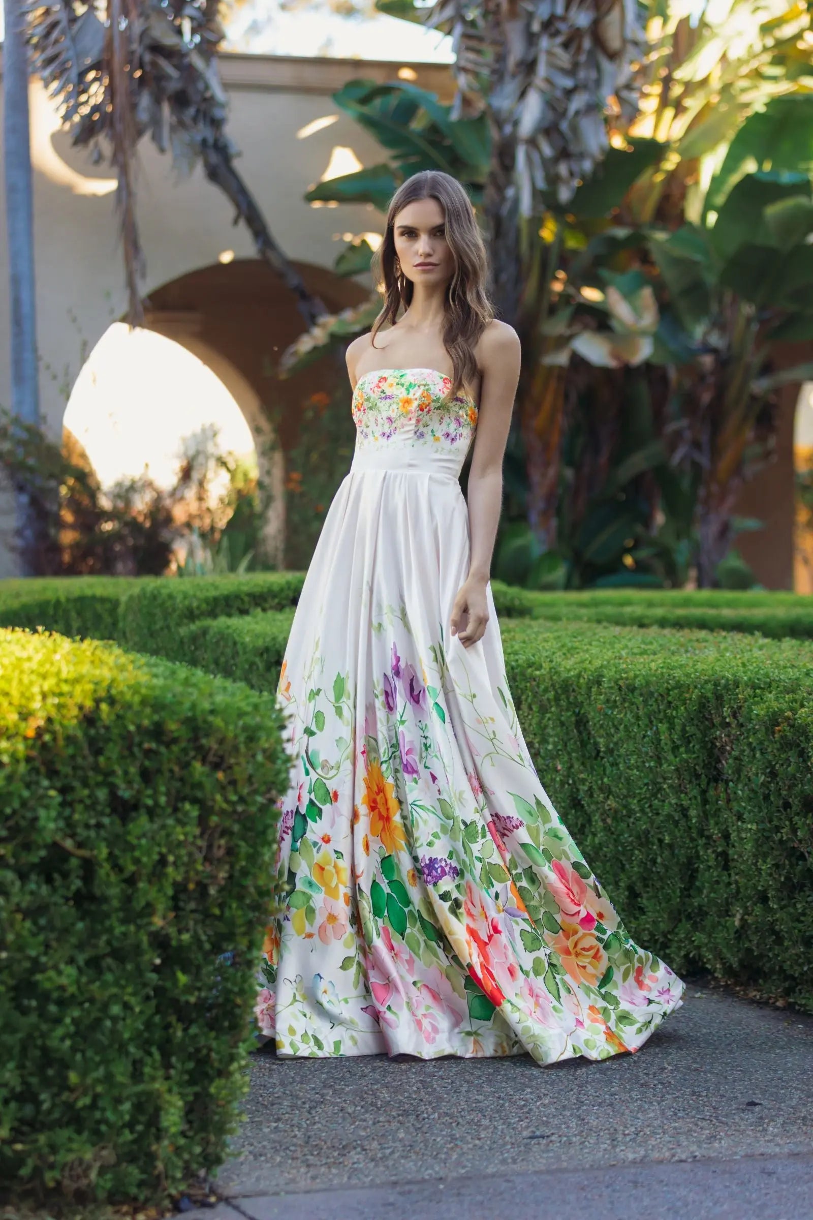 White Floral Print Strapless Satin A Line Gown With Pockets - Image 6