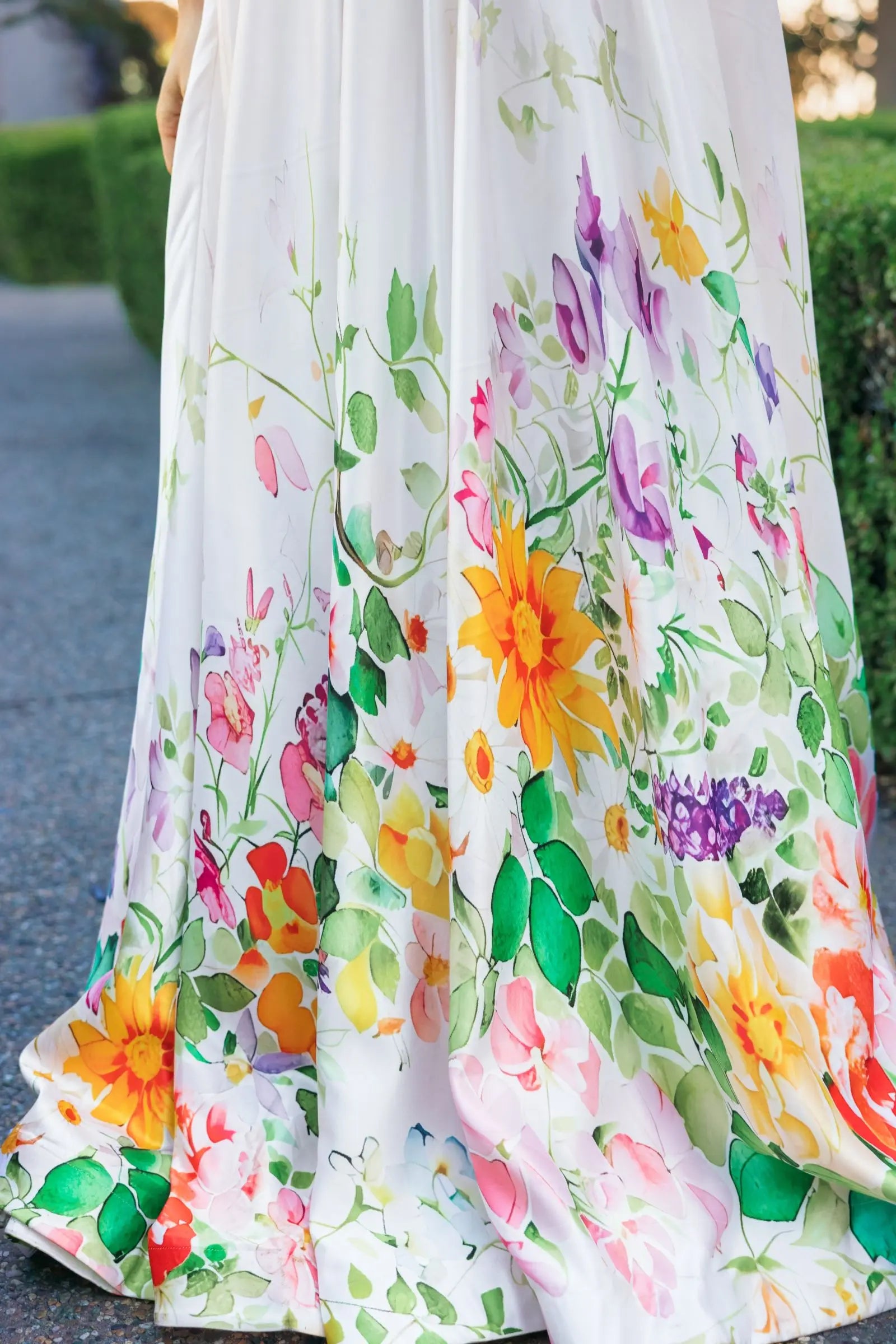White Floral Print Strapless Satin A Line Gown With Pockets - Image 5
