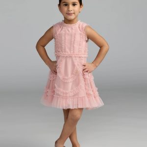 Girls Pink High Neck Sleeveless Micro Ruffle Mini Dress