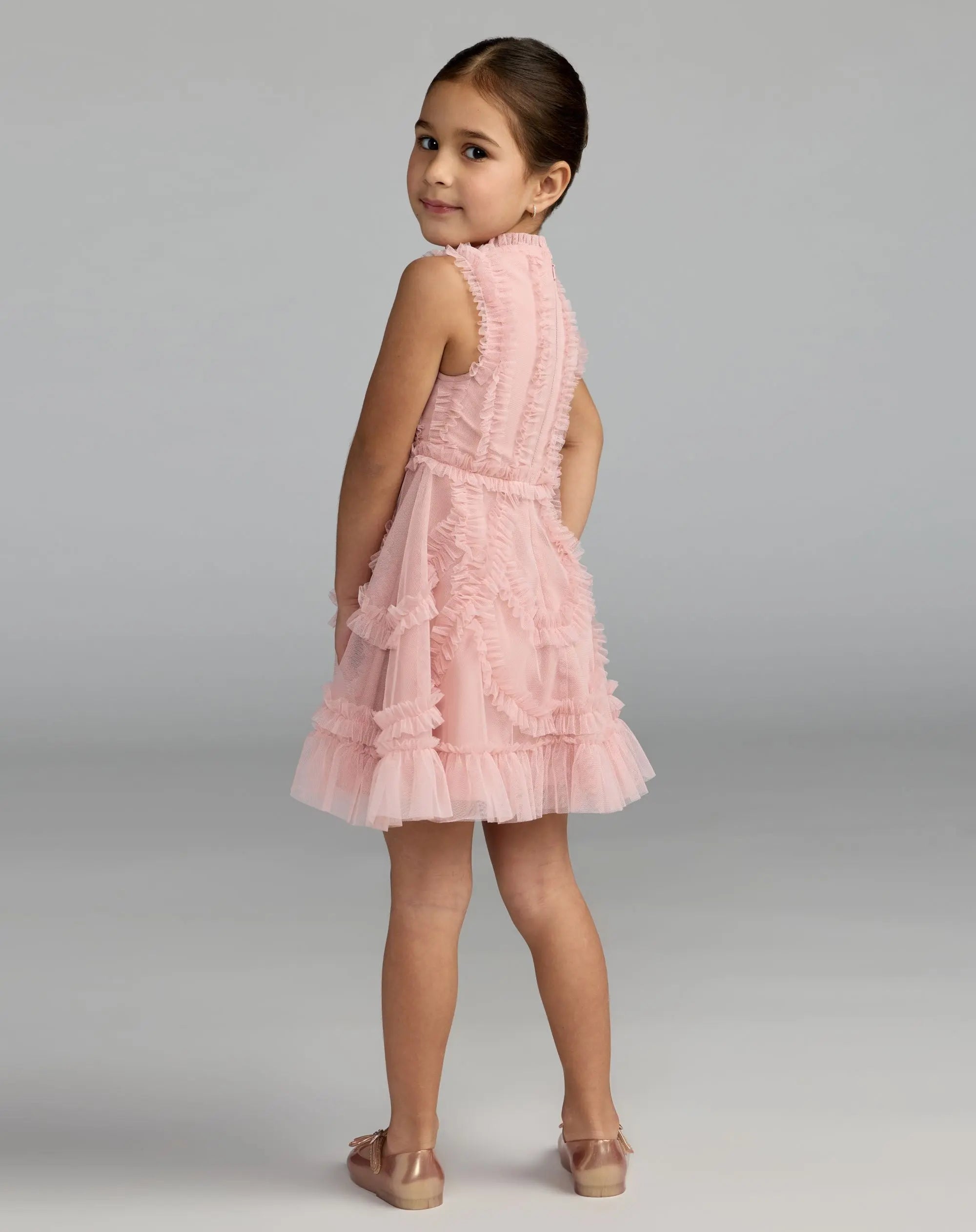 Girls Pink High Neck Sleeveless Micro Ruffle Mini Dress - Image 3