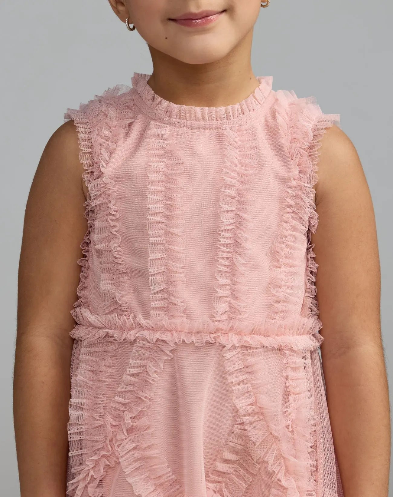 Girls Pink High Neck Sleeveless Micro Ruffle Mini Dress - Image 2