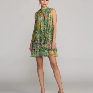 Green Printed Sleeveless High Neck Ruffle Mini Dress