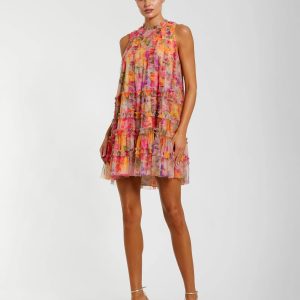 Multicolor Printed Sleeveless High Neck Ruffle Mini Dress