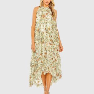 Ivory Sleeveless High Neck Ruffle Floral Dress