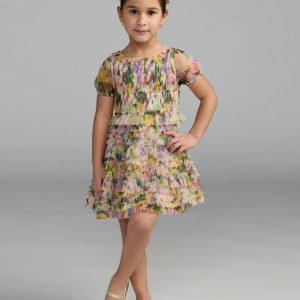 Girls Multicolor Floral Scoop Neck Ruffle Dress