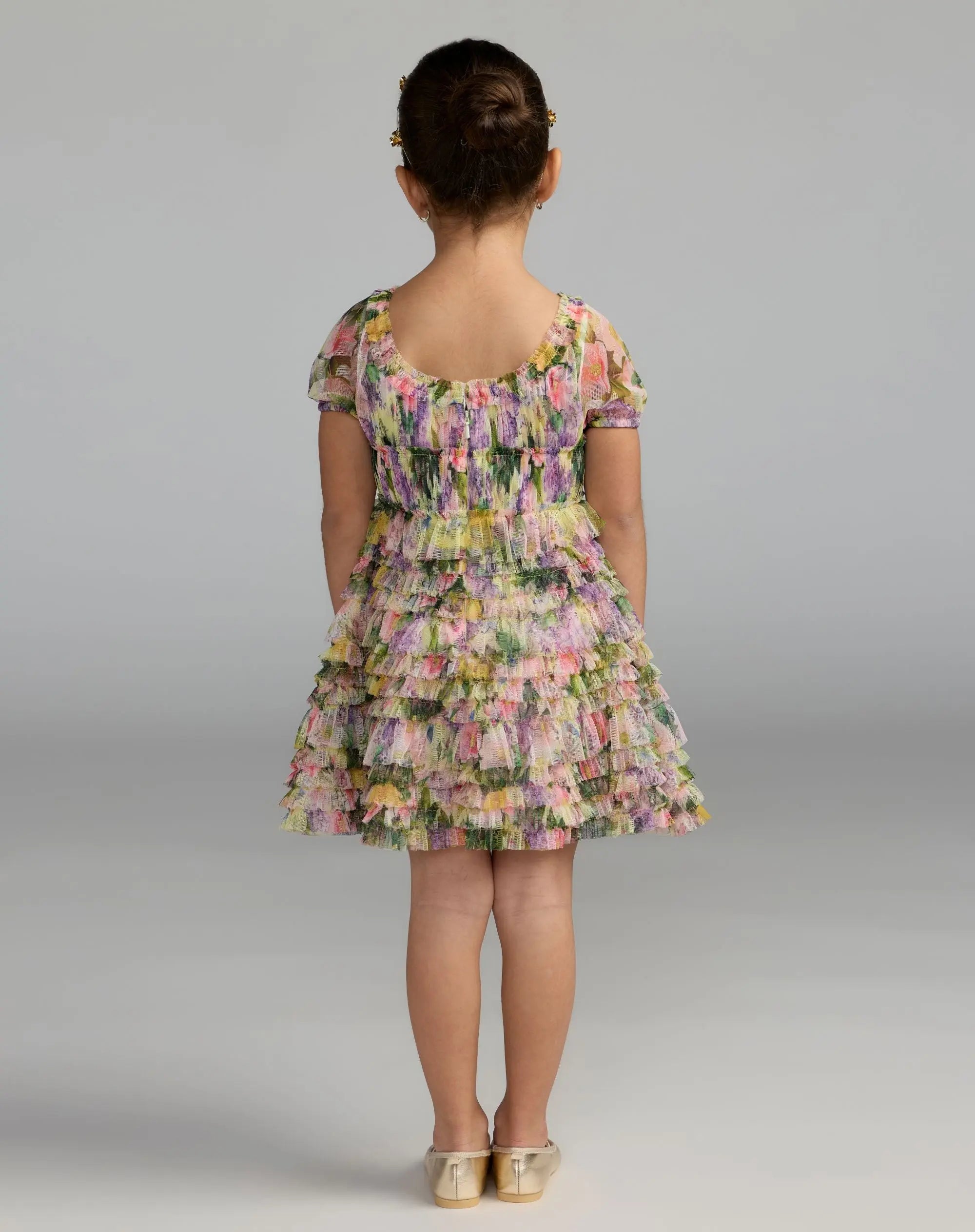 Girls Multicolor Floral Scoop Neck Ruffle Dress - Image 3