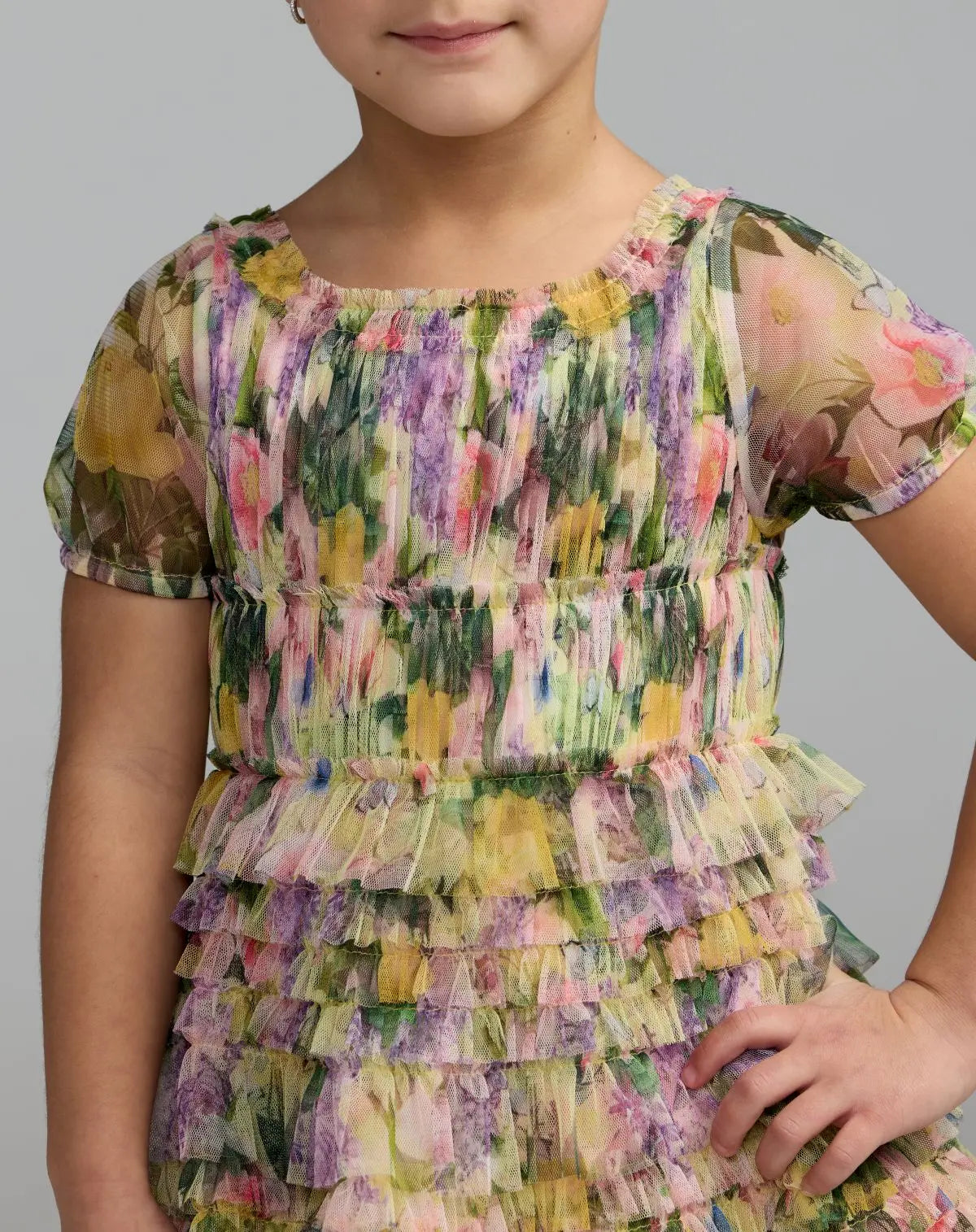 Girls Multicolor Floral Scoop Neck Ruffle Dress - Image 2