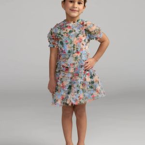 Girls Blue Floral Ruffle Puff Sleeve Dress
