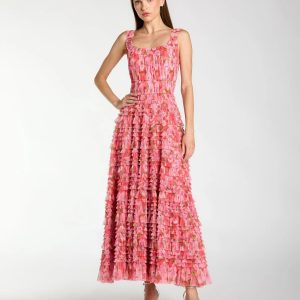 Pink Multicolor Floral Printed Ruffle Maxi Dress