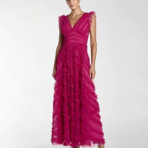 Pink V-Neck Cap Sleeve Ruffle Maxi Dress