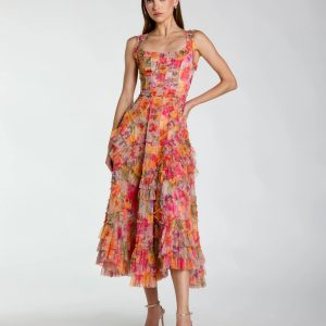 Multicolor Floral Scoop Neck A-Line Ruffle Midi Dress