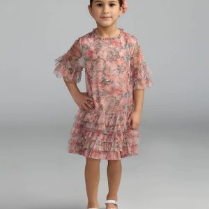 Girls Pink Floral Printed Short Sleeve Ruffle Dress