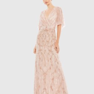 Pink Embellished Cap Sleeve Faux Wrap Trumpet Gown - FINAL SALE