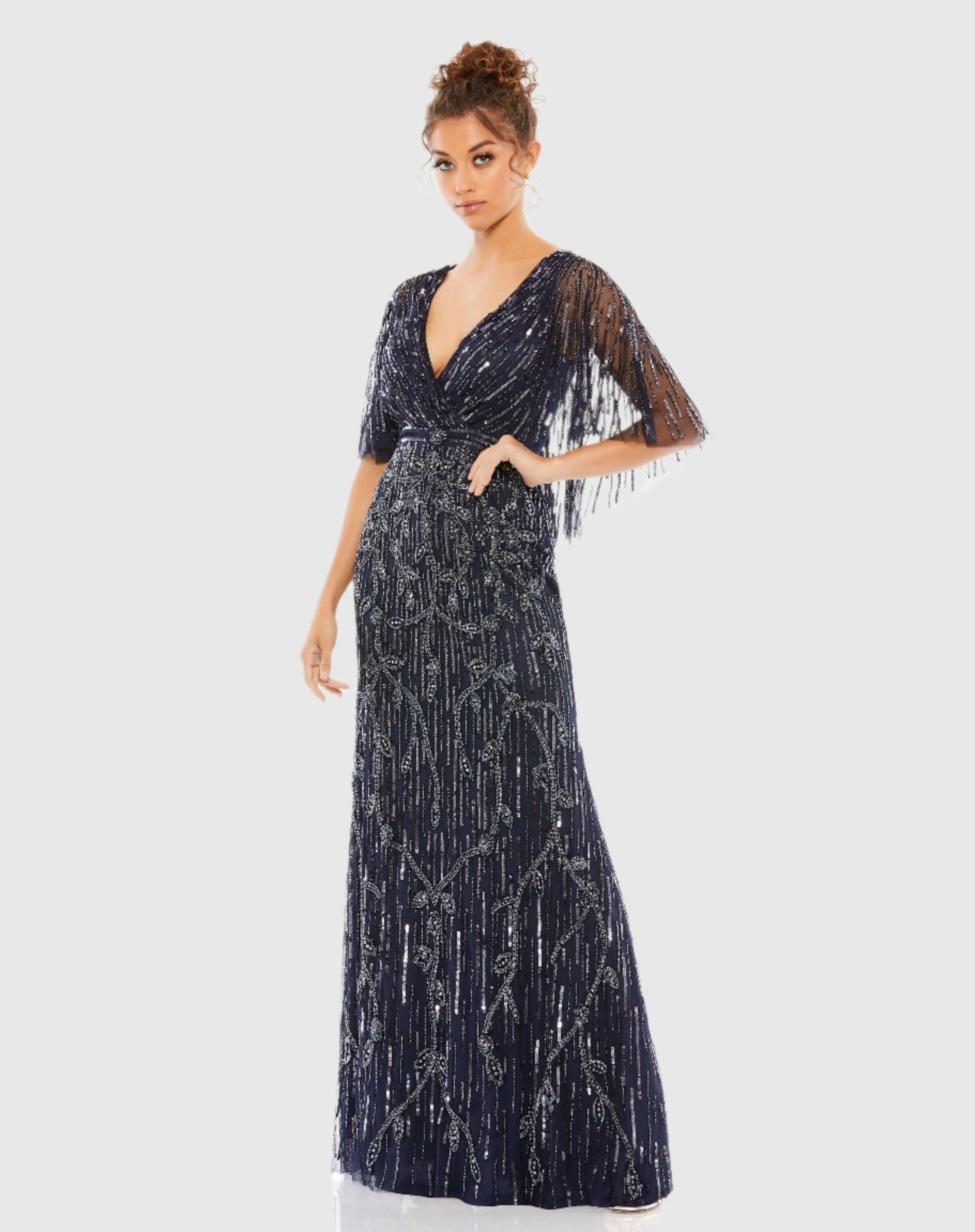 Embellished Cap Sleeve Faux Wrap Trumpet Gown - Image 2
