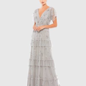 Gray Ruffle Tiered Embellished Flutter Sleeve Gown