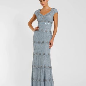 Blue Sequin Cap Sleeve Sweetheart Column Gown