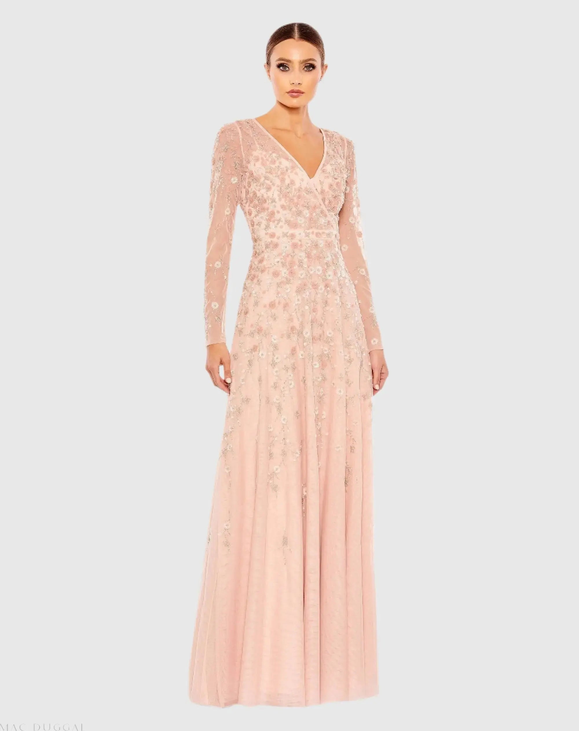 Embellished Wrap Over Illusion Long Sleeve A Line Gown - Image 3