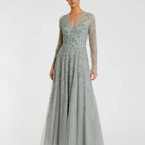 Green Embellished Wrap Over Illusion Long Sleeve A Line Gown - FINAL SALE
