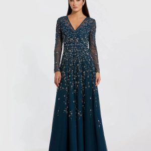 Navy Embellished Wrap Over Illusion Long Sleeve A Line Gown