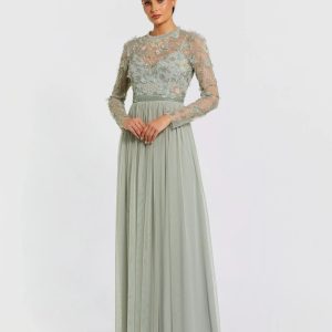 Green Embellished Illusion High Neck Long Sleeve Gown