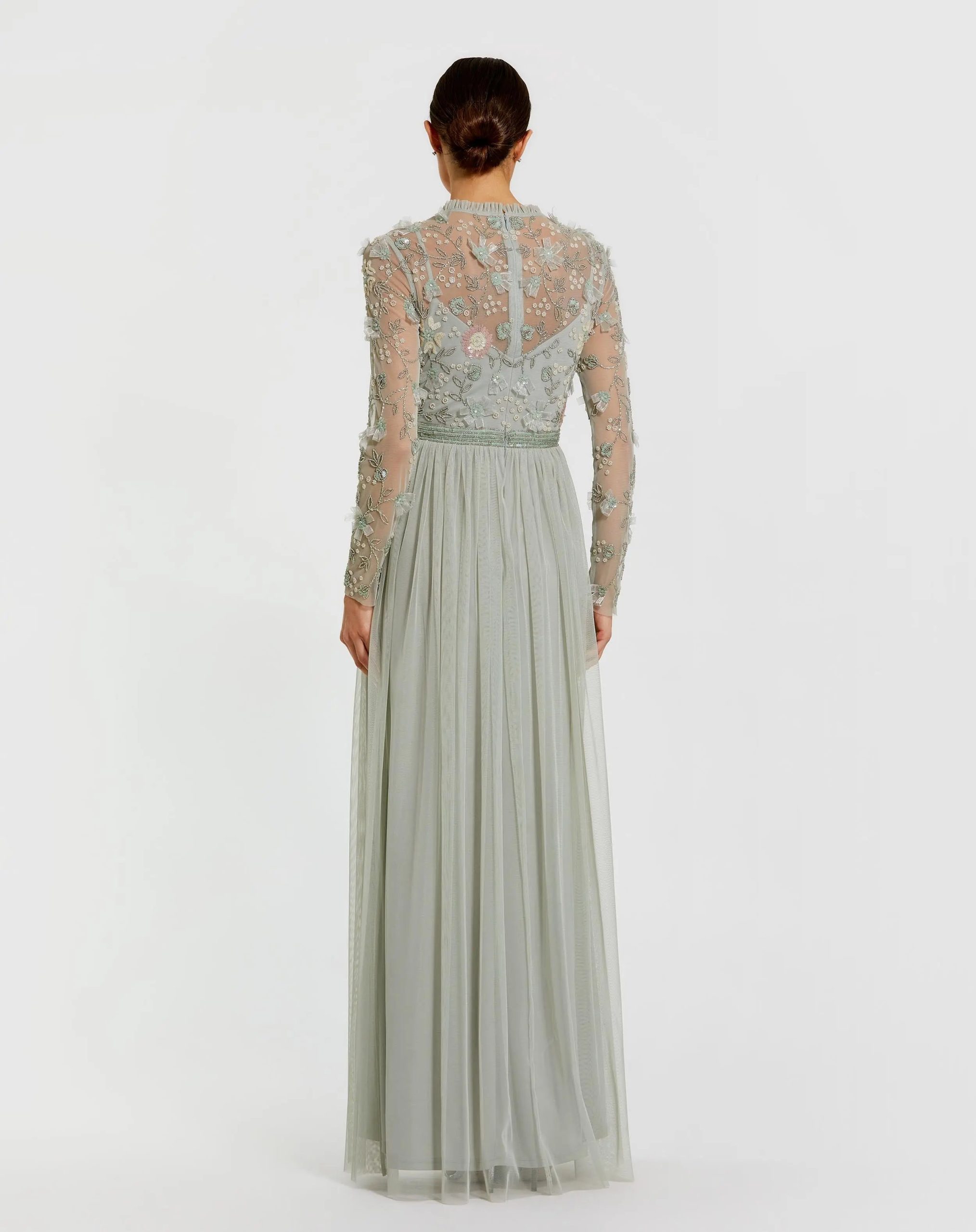 Green Embellished Illusion High Neck Long Sleeve Gown - Image 3
