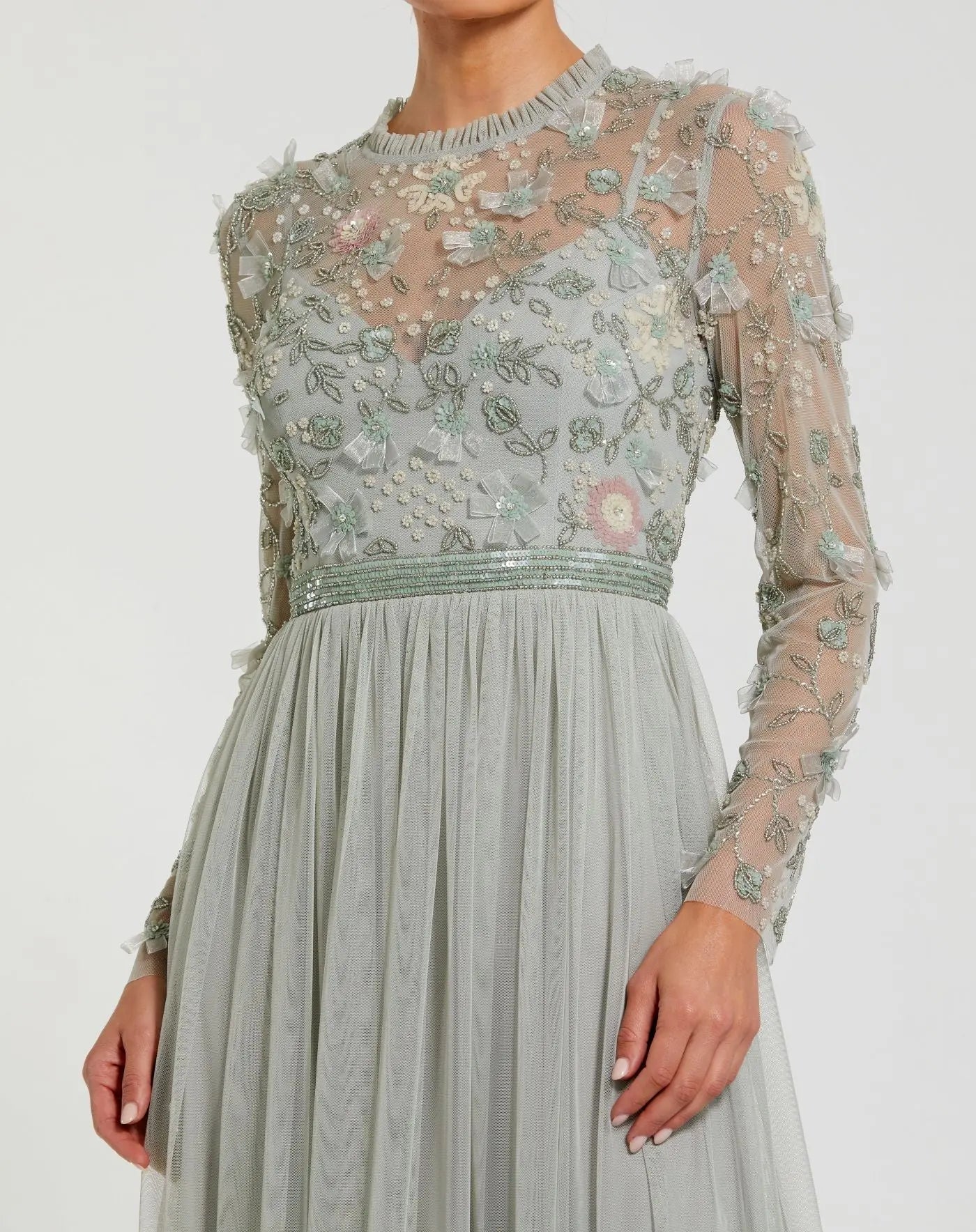 Green Embellished Illusion High Neck Long Sleeve Gown - Image 2