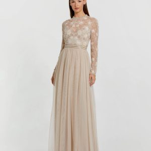 Beige Embellished Illusion High Neck Long Sleeve Gown