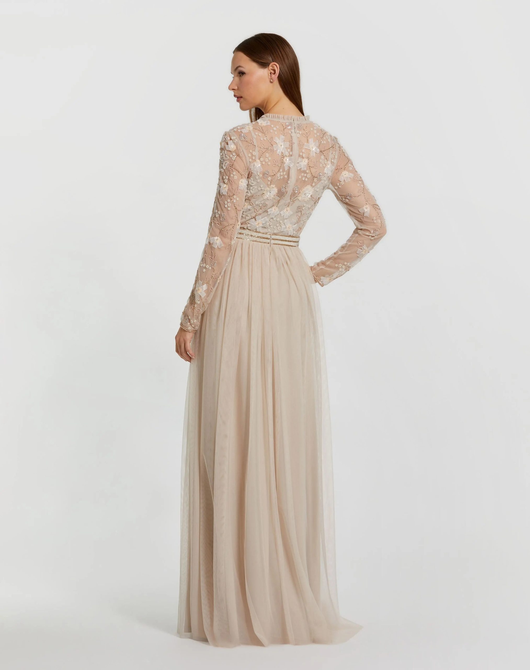 Beige Embellished Illusion High Neck Long Sleeve Gown - Image 3