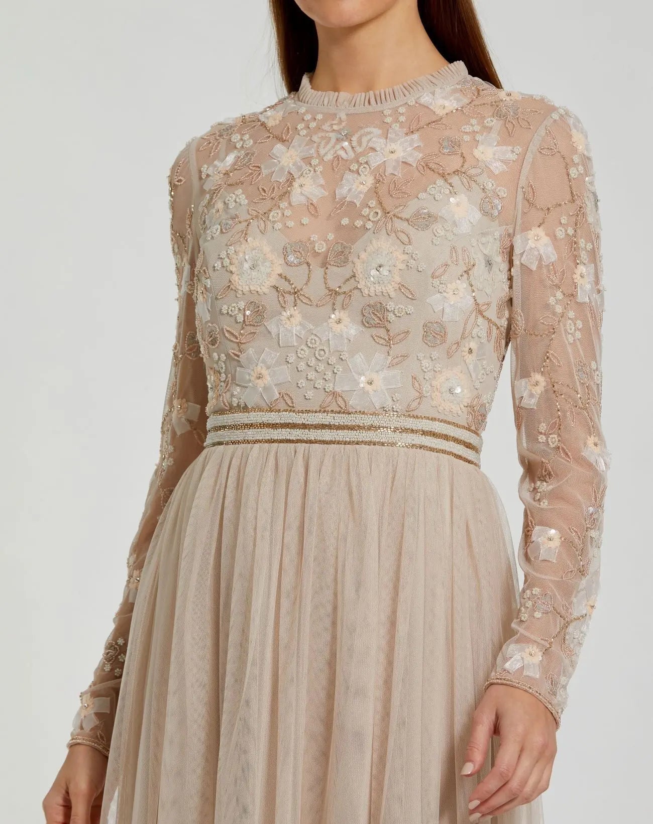 Beige Embellished Illusion High Neck Long Sleeve Gown - Image 2