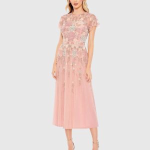 Pink Embellished Illusion High Neck Butterfly Sleeve Midi Dress