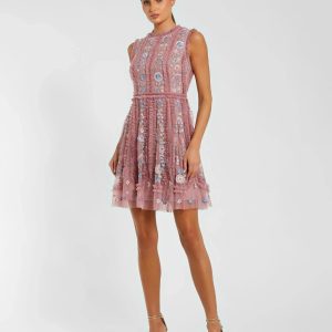 Pink Sleeveless High Neck Embroidered Mini Dress