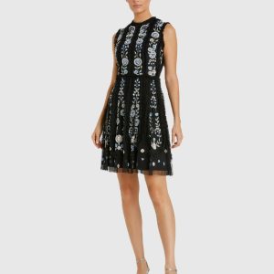 Black Sleeveless High Neck Embroidered Mini Dress