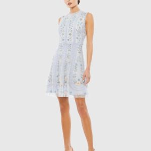 Blue Sleeveless High Neck Embroidered Mini Dress