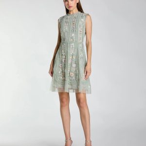 Green Sleeveless High Neck Embroidered Mini Dress