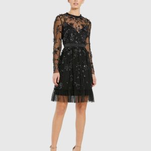 Black Sheer Long Sleeve Embellished Mini Dress