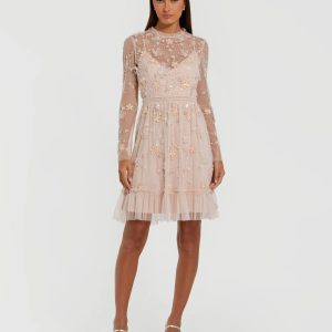 Light Pink Sheer Long Sleeve Embellished Mini Dress