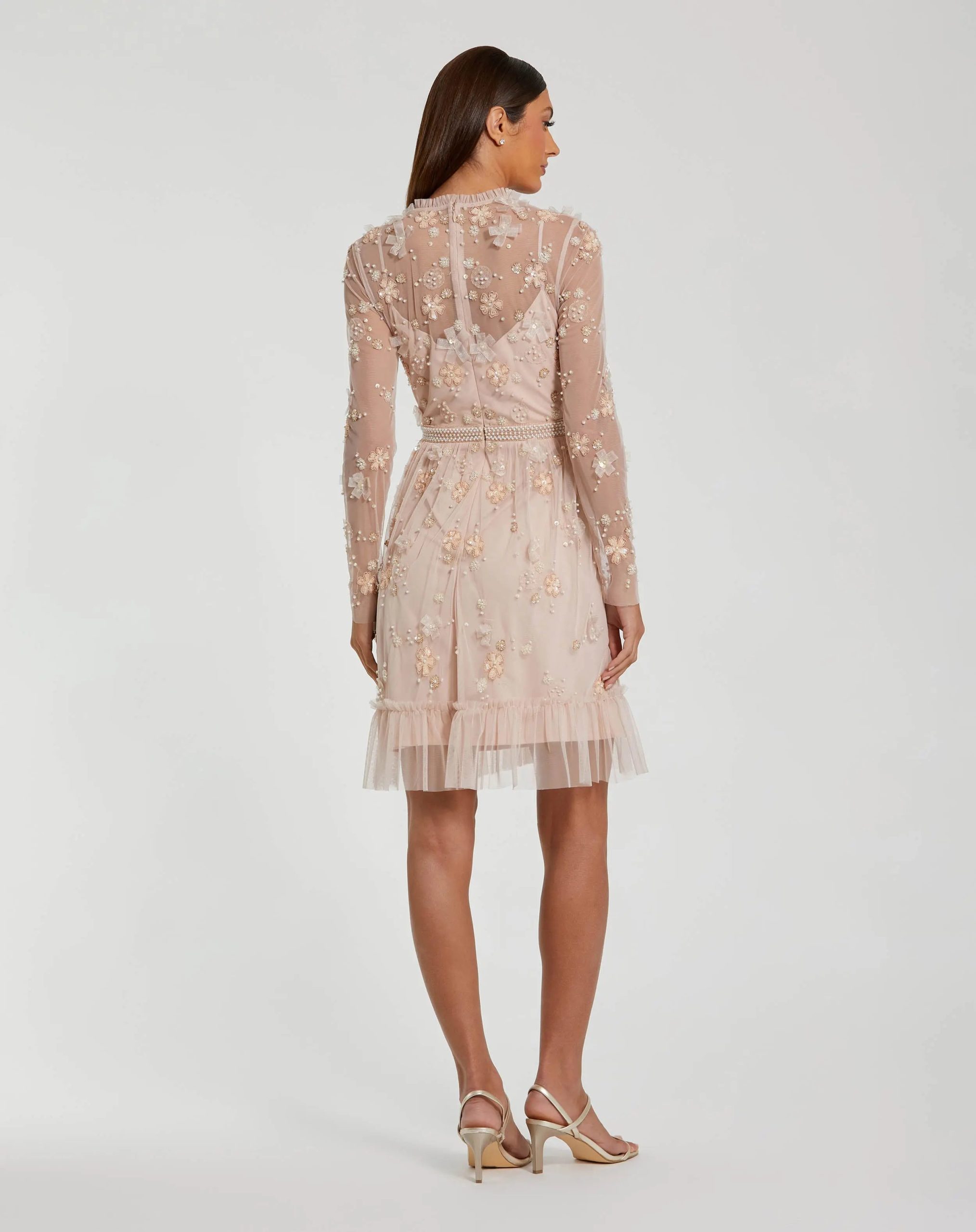 Light Pink Sheer Long Sleeve Embellished Mini Dress - Image 3