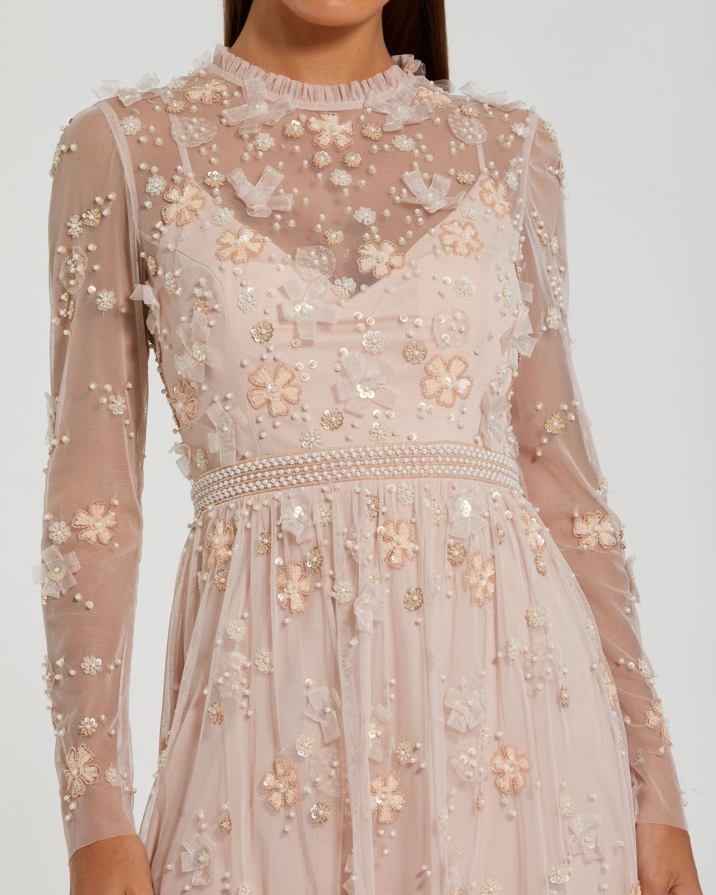 Light Pink Sheer Long Sleeve Embellished Mini Dress - Image 2