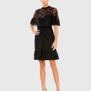 Embellished Illusion High Neck Mini Dress