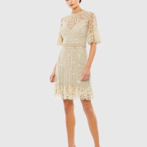 Beige Embellished Illusion High Neck Mini Dress