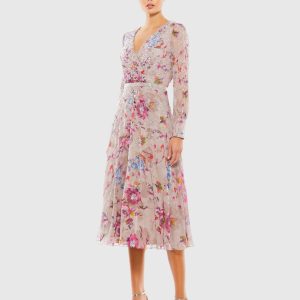 Multicolor Hand Embellished Floral Long Sleeve Midi Dress