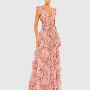 Pink Ruffled Cut Out Cap Sleeve V Neck Gown