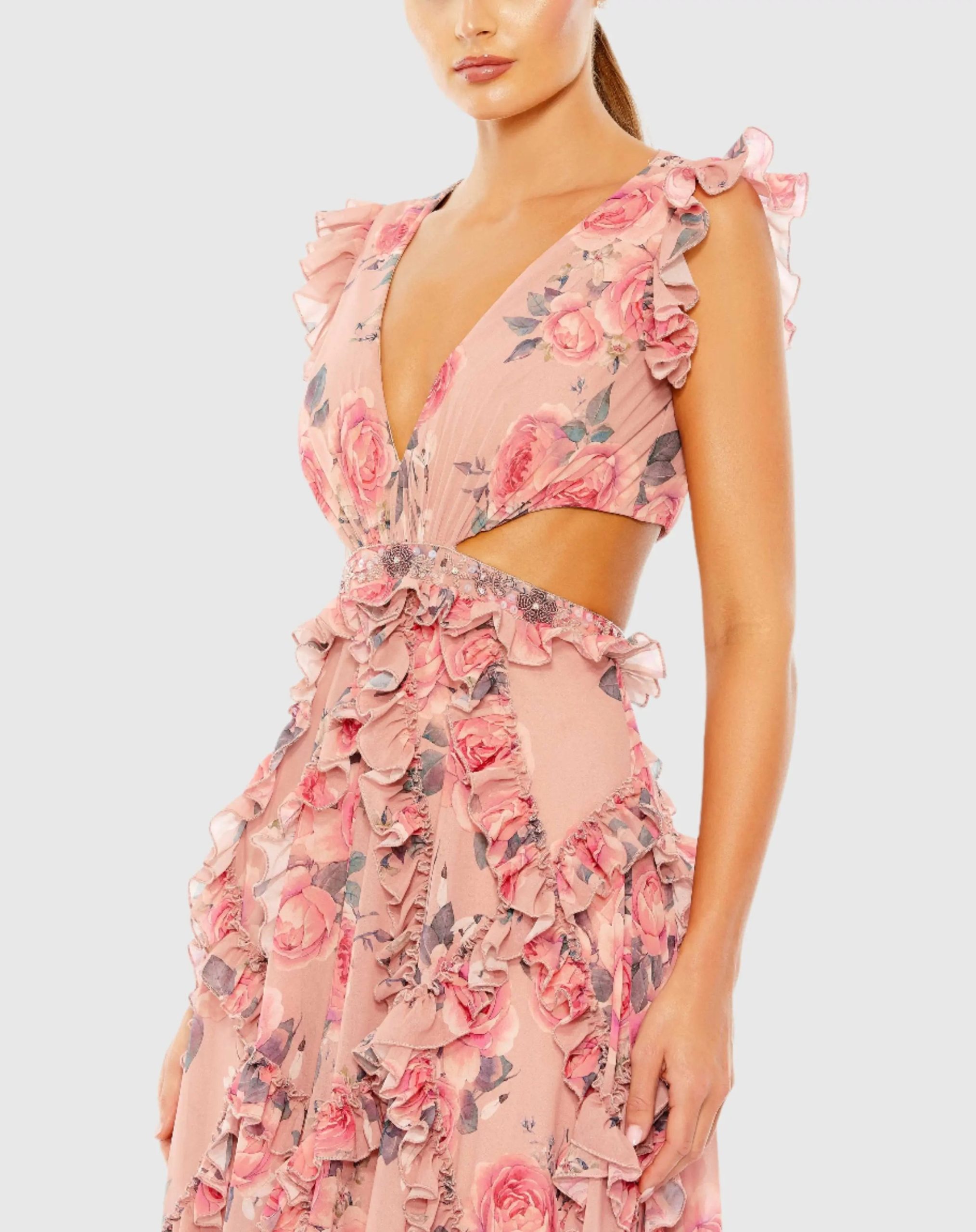 Pink Ruffled Cut Out Cap Sleeve V Neck Gown - Image 2
