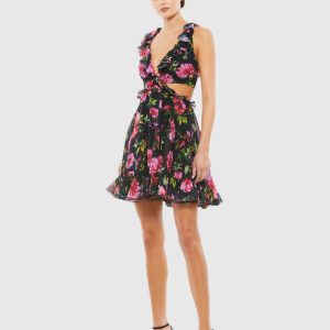 Black Ruffle Cut Out Lace Up Flowy Mini Dress