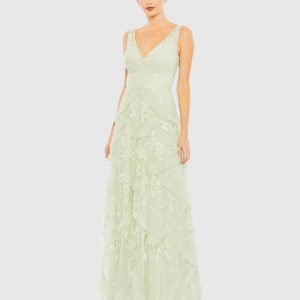 Sequined Scallop Ruffle Tiered V-Neck Gown