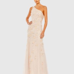 Pink Open Back One Shoulder Embellished Trumpet Gown