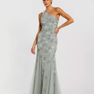 Green Open Back One Shoulder Embellished Trumpet Gown