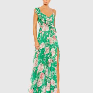 Green Floral Print Ruffled Wrap Over A Line Gown - FINAL SALE