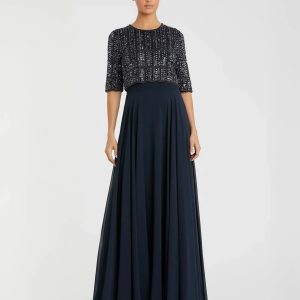 Navy Chiffon Gown w/ Fully Beaded 3/4 Sleeve Top