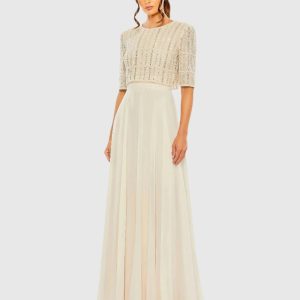 Beige Chiffon Gown w/ Fully Beaded 3/4 Sleeve Top